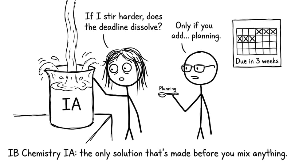 A student stares at a giant beaker labeled IA