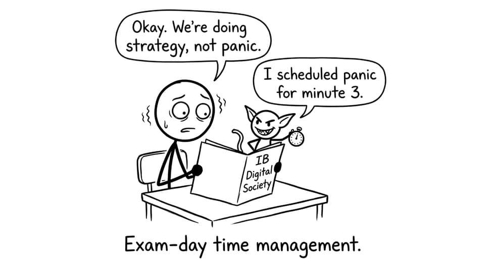A funny IB Digital Society exam-day gremlin with a stopwatch
