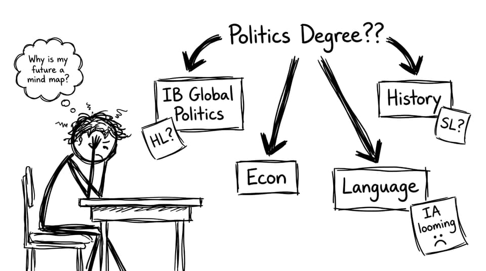 A stressed IB student flowcharting their future