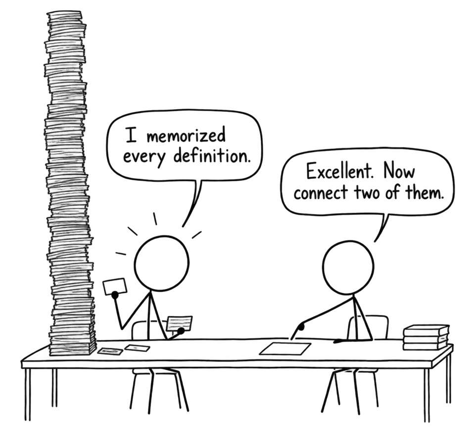 Two students compare a towering stack of memorized definitions with a blank answer sheet requiring conceptual connections.