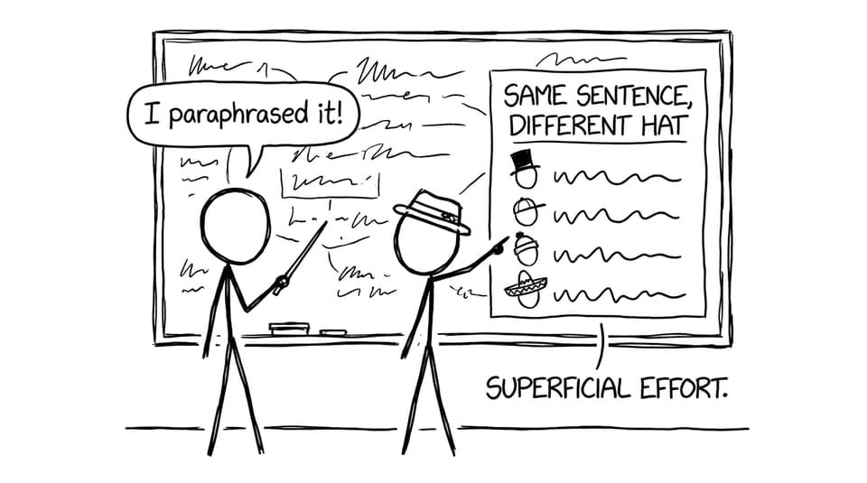 Joke about superficial paraphrasing with a “different hat”