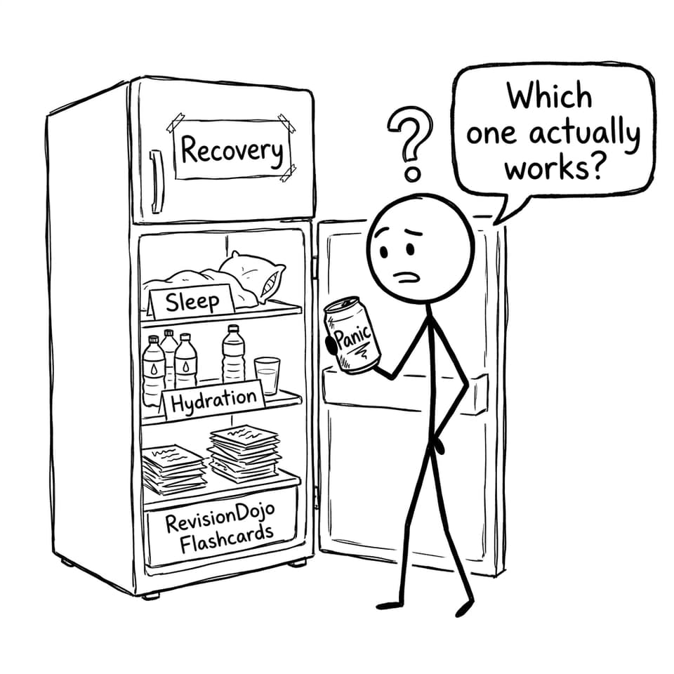 A fridge labeled Recovery with Sleep, Hydration, and Flashcards