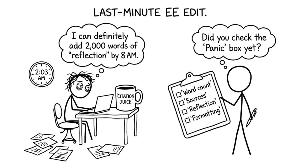 A 2am student fueled by “Citation Juice” and a checklist