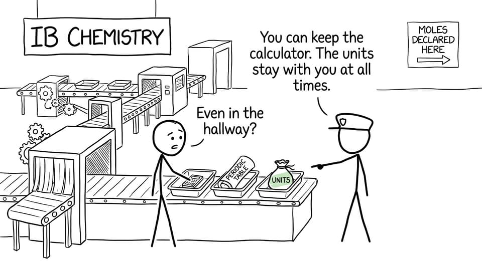 Comic about carrying units through IB Chemistry
