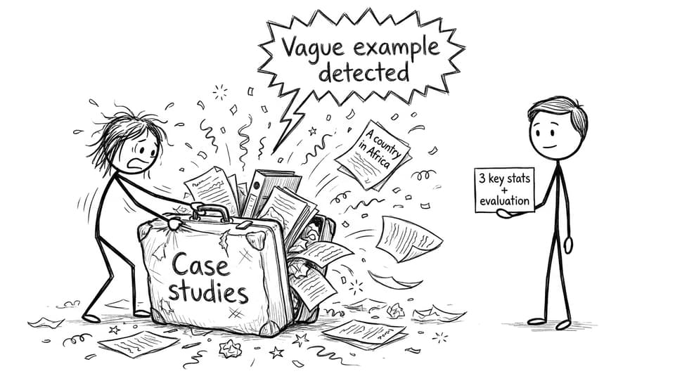 Suitcase labeled Case studies bursting