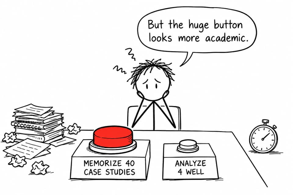 A student choosing between memorizing forty case studies and analysing four well