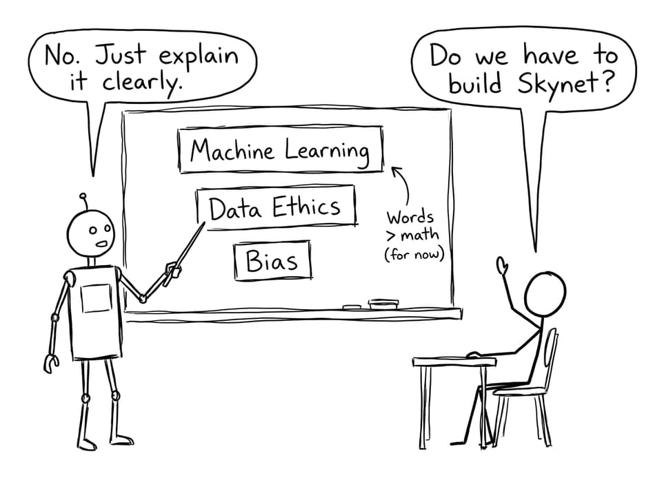 Robot teacher explaining ML and ethics