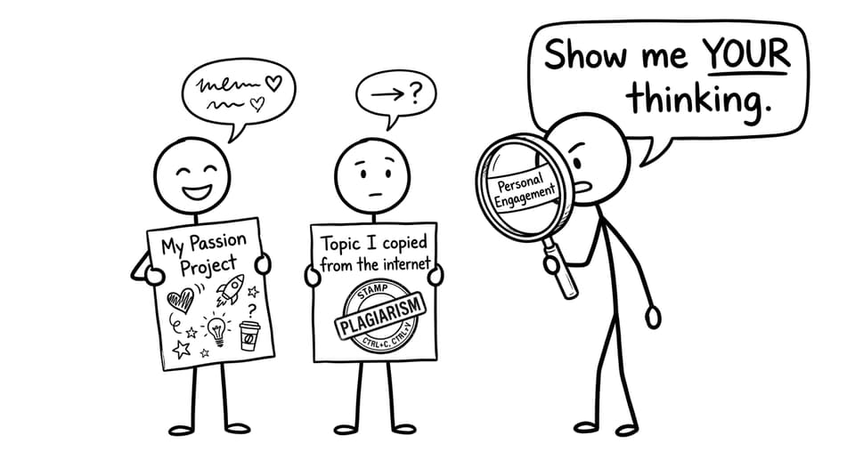 Two students compare IA topics and teacher checks Personal Engagement