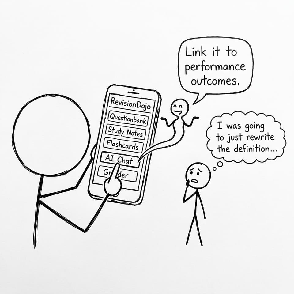 A phone with RevisionDojo tools and AI saying “Link it to performance outcomes.”