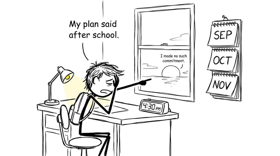 Comic of an IB student arguing with an early autumn sunset