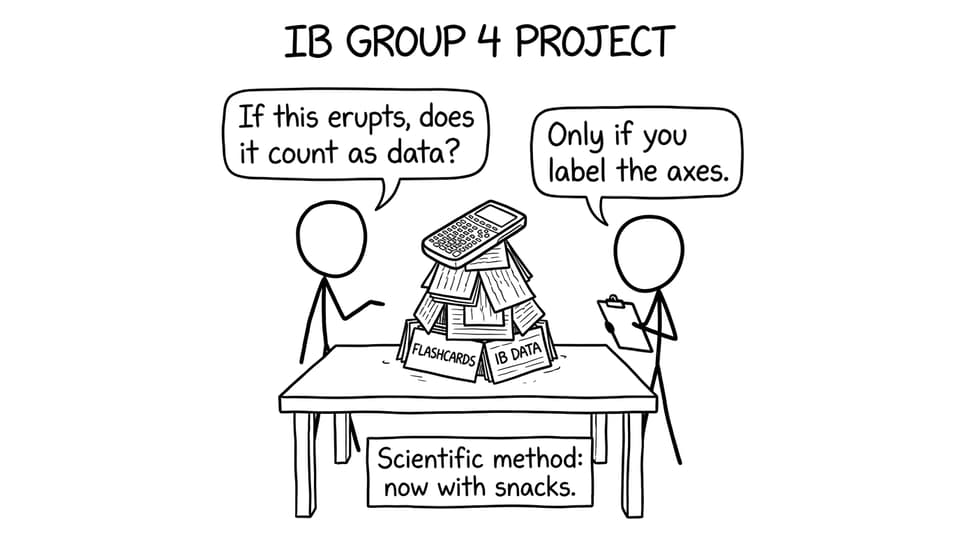 Two IB students building a ‘Group 4’ volcano out of flashcards