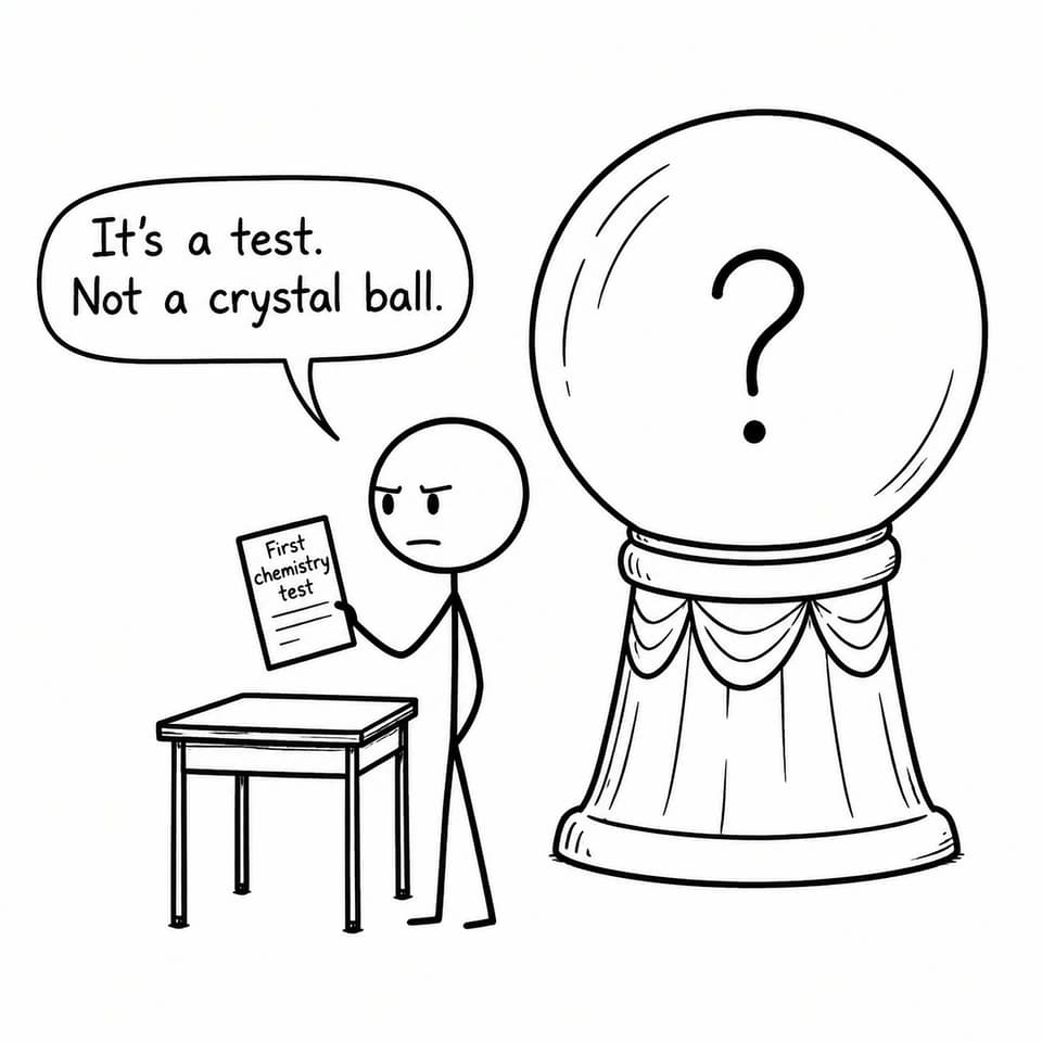 A student holding a first chemistry test beside an oversized fortune-teller crystal ball