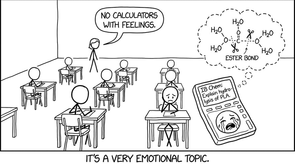 Exam hall: calculator cries over hydrolysis of PLA