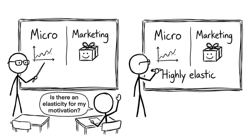 Teacher asks about micro vs marketing; student asks if motivation is elastic
