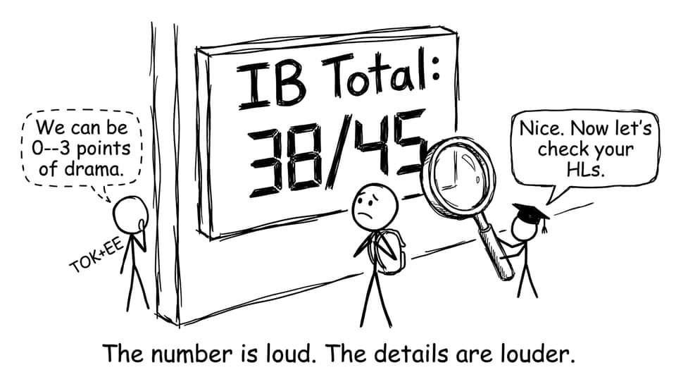 Stick-figure scoreboard and admissions magnifying glass