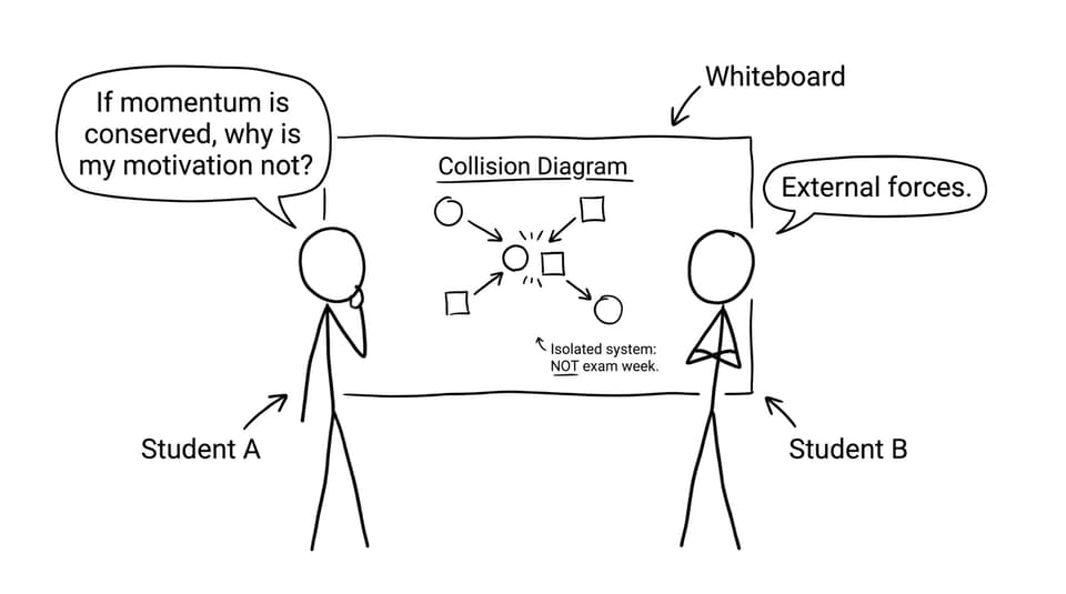 Two students joke about momentum and motivation