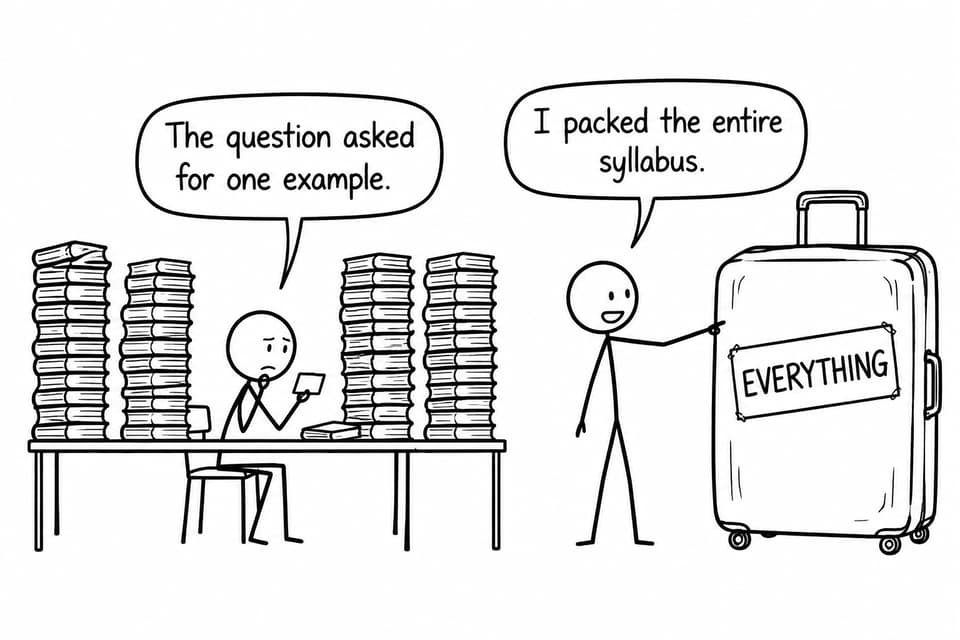 A student chooses a small relevant example while another brings an enormous suitcase containing the entire syllabus