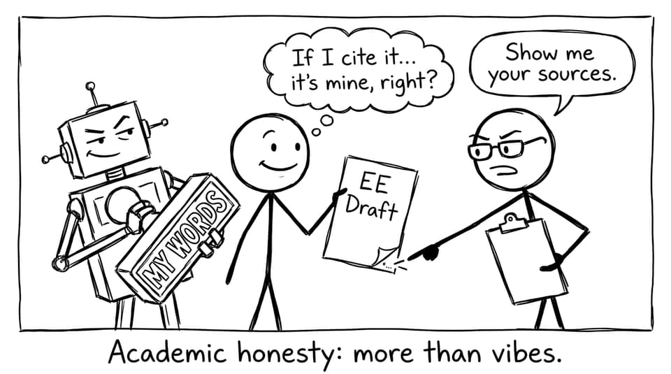 XKCD-style comic about academic honesty confusion