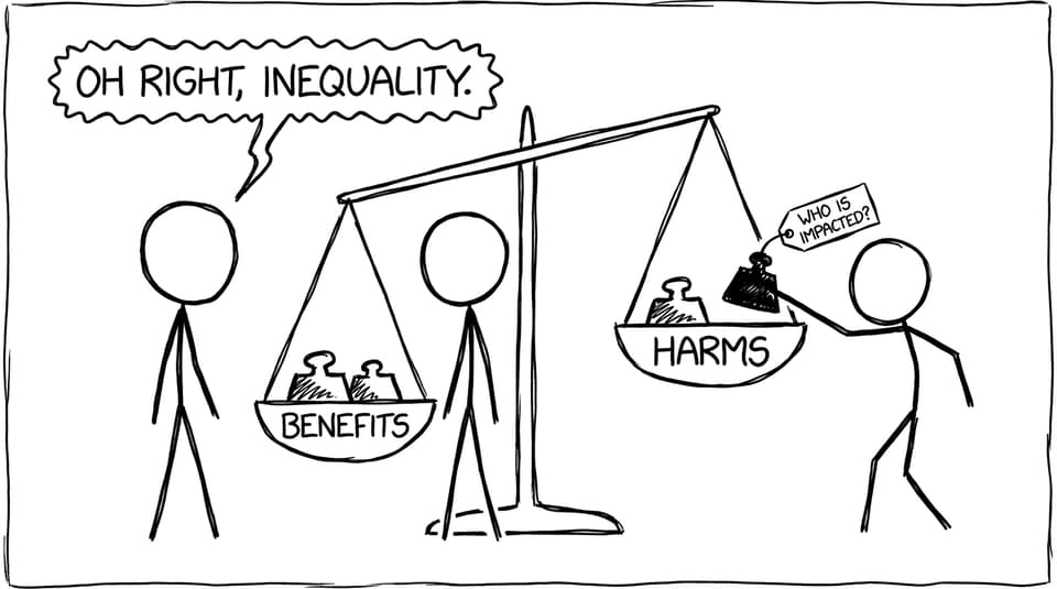 Comic: benefits vs harms scale
