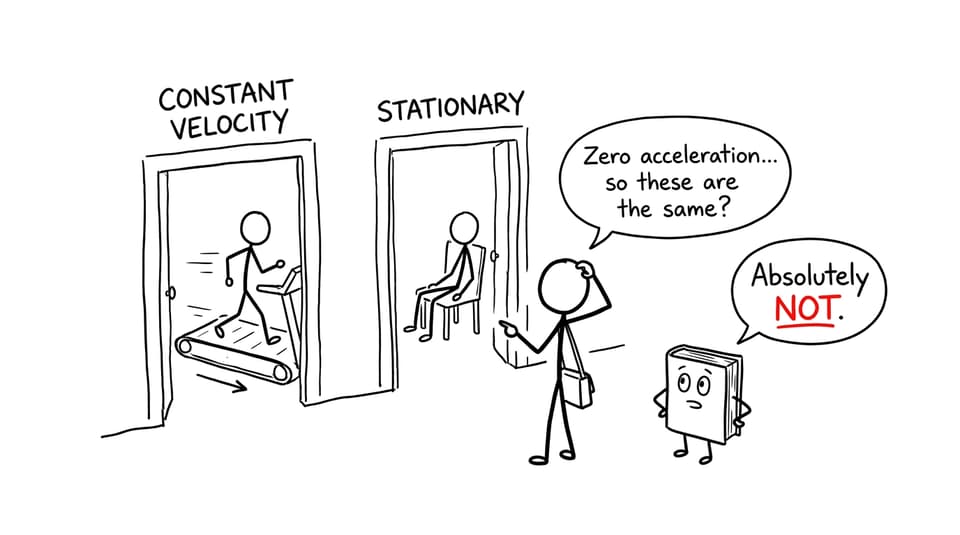 A student confuses constant velocity with being stationary while a physics book objects