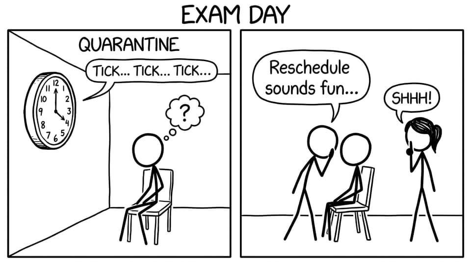 A supervised waiting room labeled quarantine with a loud ticking clock