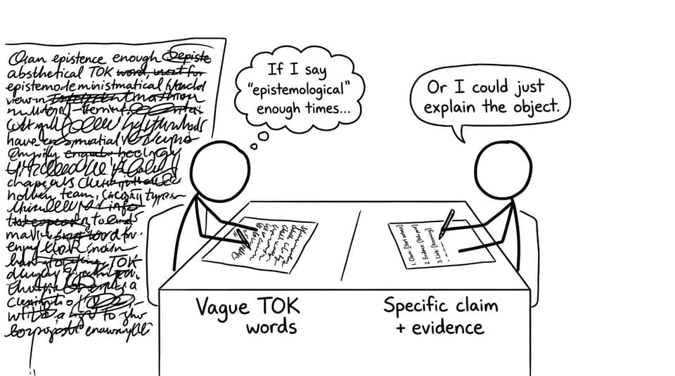 Two students: vague TOK jargon vs clear explanation