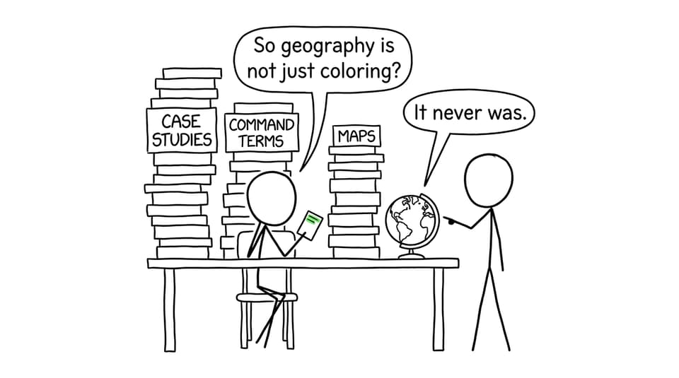 Comic showing a student discovering that IB Geography involves case studies, command terms, and maps