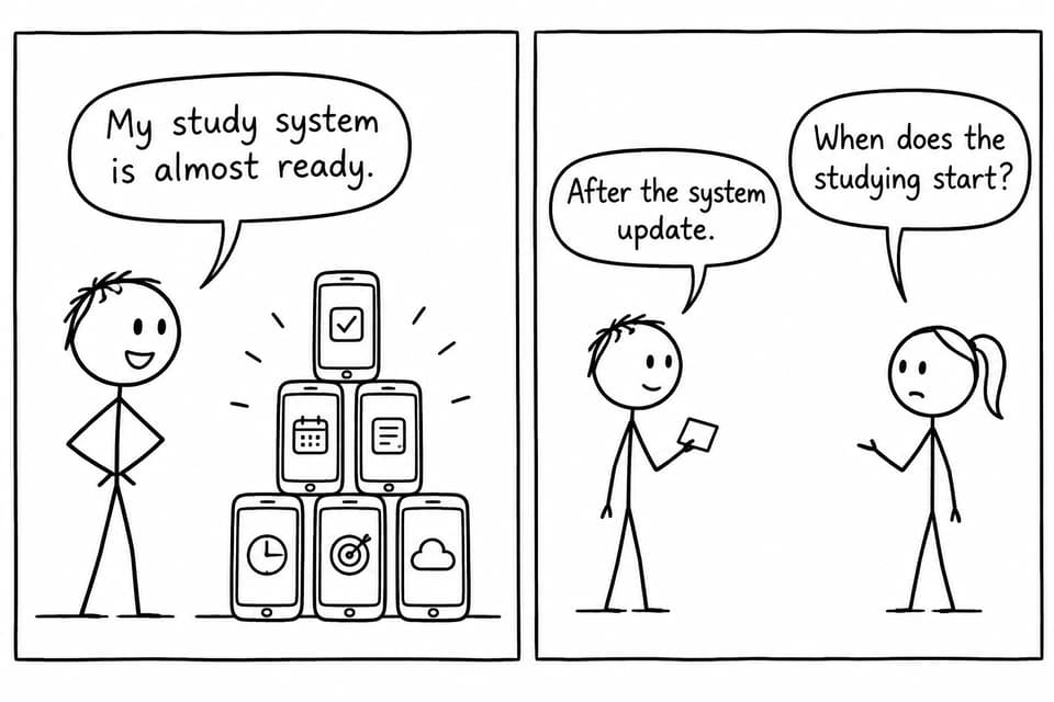 A student proudly presents a tower of study apps while another asks when the studying will begin