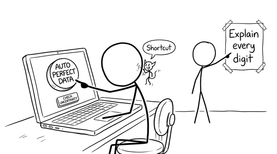 A student reaches for “AUTO PERFECT DATA” while “Shortcut” whispers; a sign says “Explain every digit”
