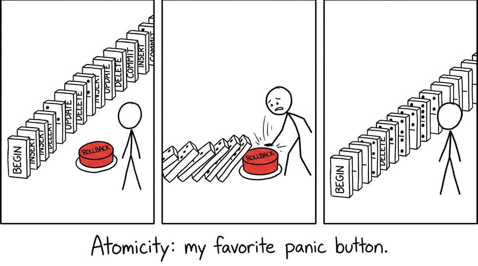 A domino-machine “transaction” with a huge red “ROLLBACK” button
