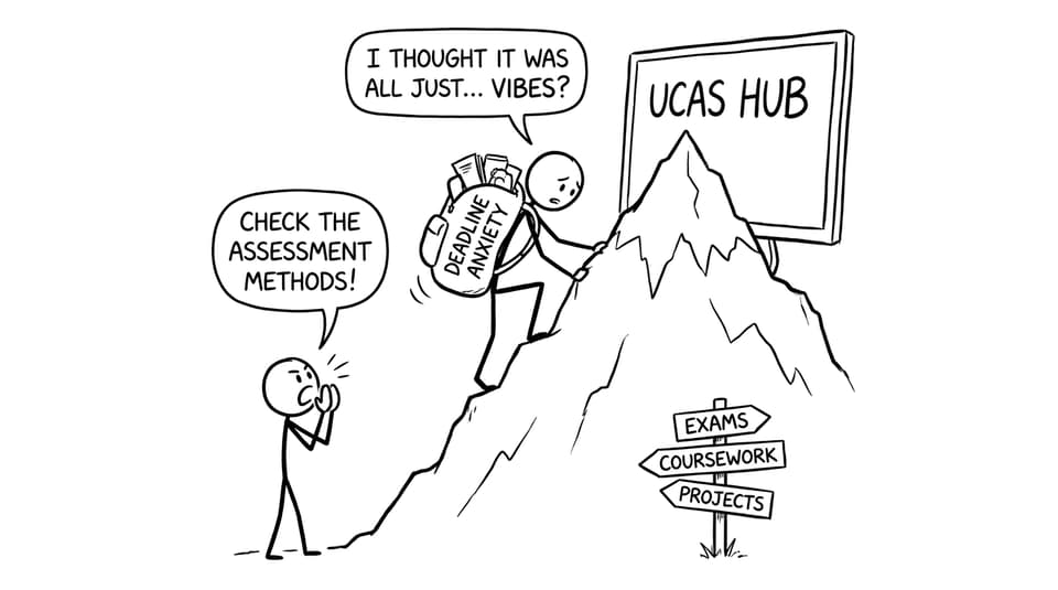 UCAS Hub as a mountain with signs for exams and coursework