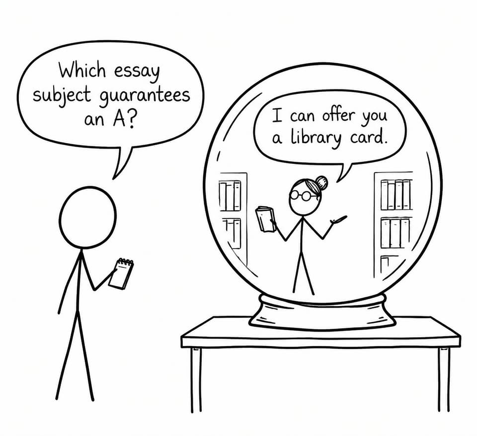A student asks a crystal ball which essay subject guarantees a top grade while a librarian recommends research instead