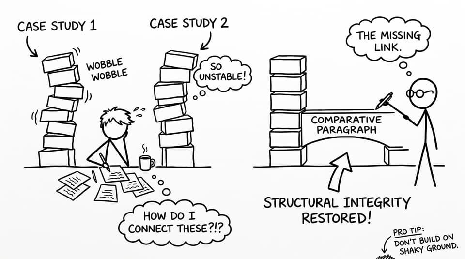 Two case-study towers wobble until a tutor draws a 'comparative paragraph' bridge between them