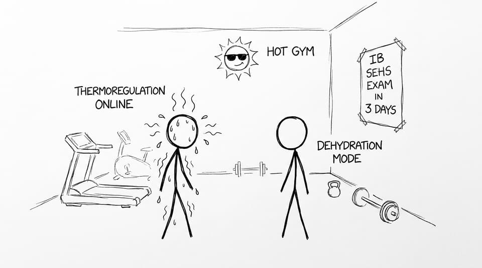Sweating vs dehydration mode in a too-hot gym