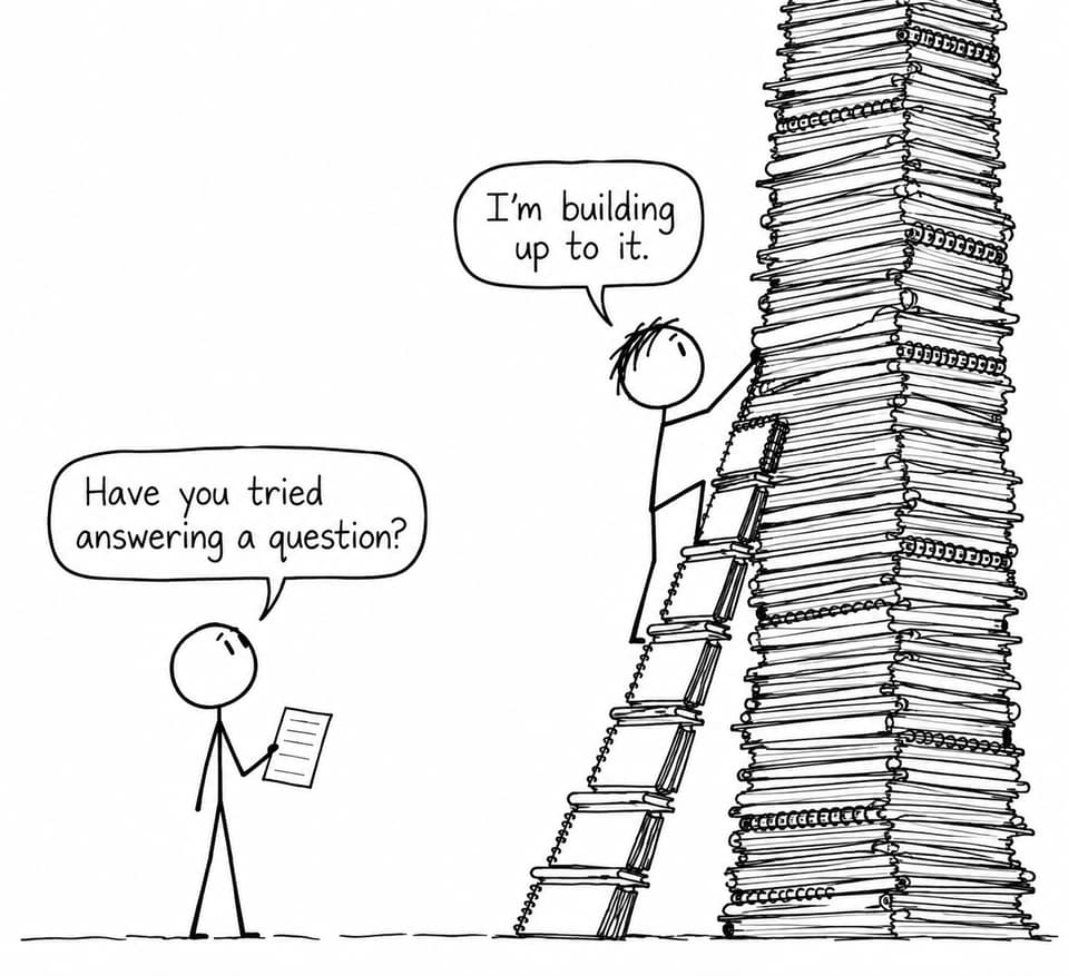 Two students confront a tower of revision notebooks while one suggests answering a question