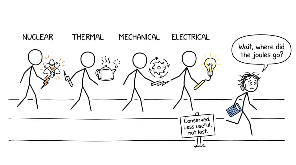 Energy transformation relay race in a nuclear power station