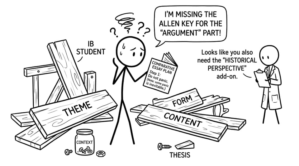 A stick-figure building an essay plan like IKEA
