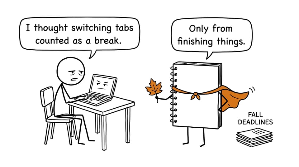 XKCD-style comic of an IB student mistaking tab switching for a break