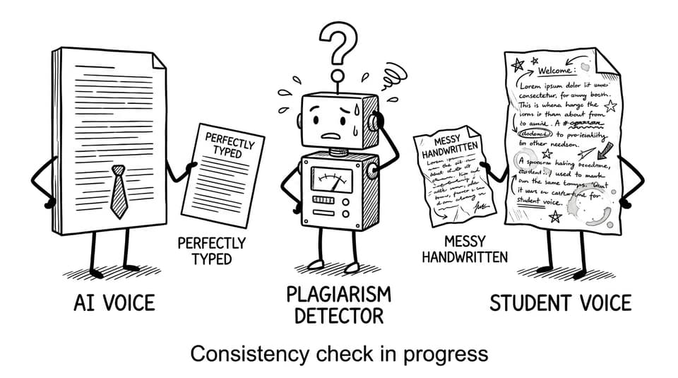 Two paragraphs: polished AI voice vs messy student voice; detector panics