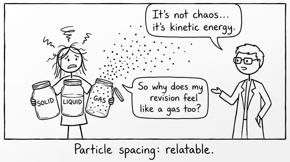 An IB student holding three jars labeled SOLID, LIQUID, GAS while gas escapes like confetti