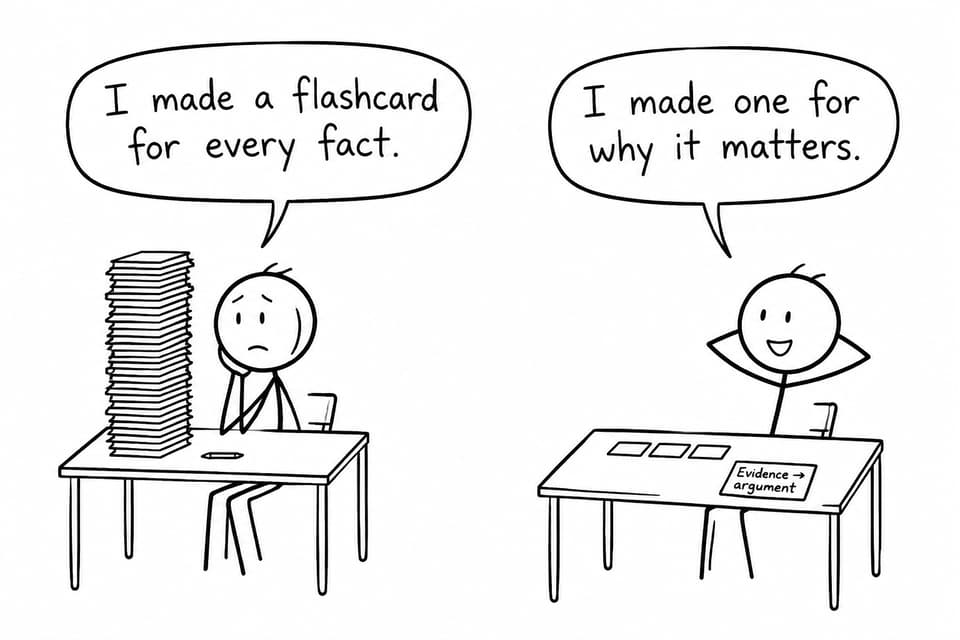 Two students compare an enormous pile of fact cards with one concise card connecting evidence to an argument.