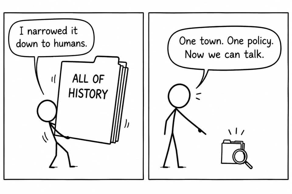 A student struggles with an enormous folder covering all of history before being shown a focused local research folder