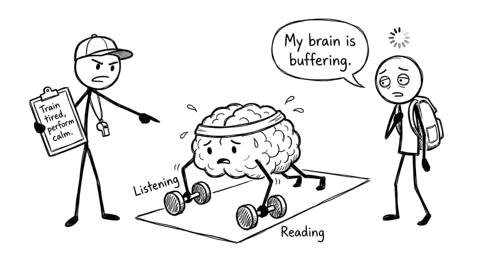 Brain doing push-ups with “Listening” and “Reading” dumbbells