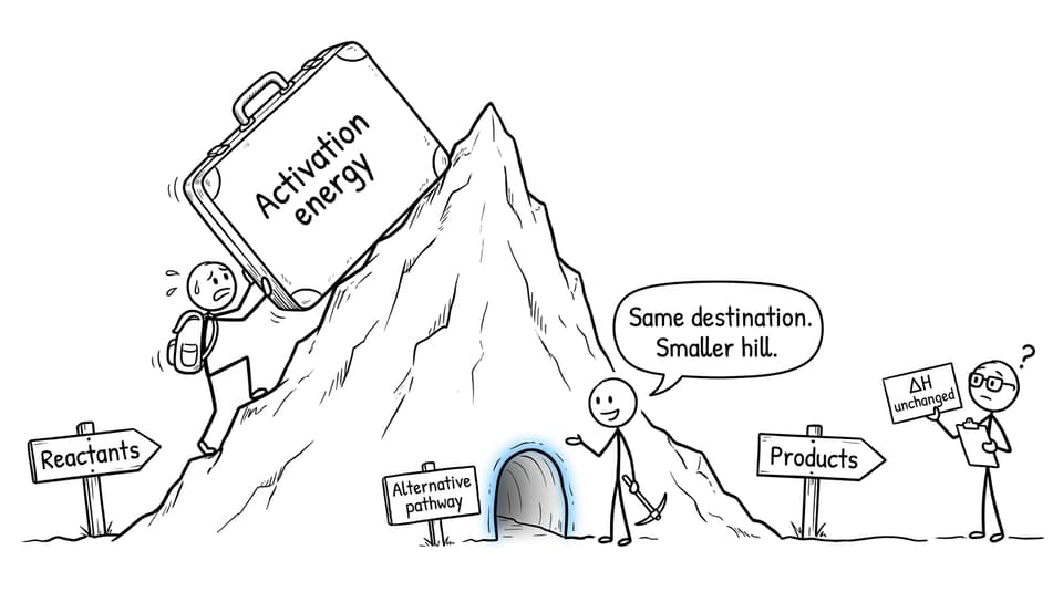 catalyst taking an alternative pathway through an activation-energy hill