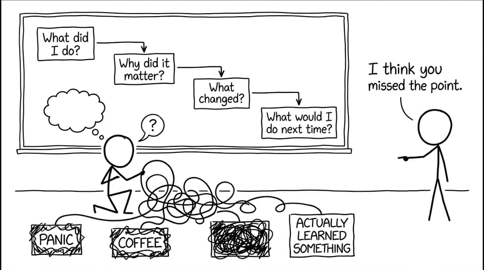 A messy reflection flowchart with panic and coffee