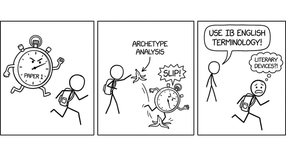 A Paper 1 stopwatch chases a student who throws “archetype analysis” like a banana peel