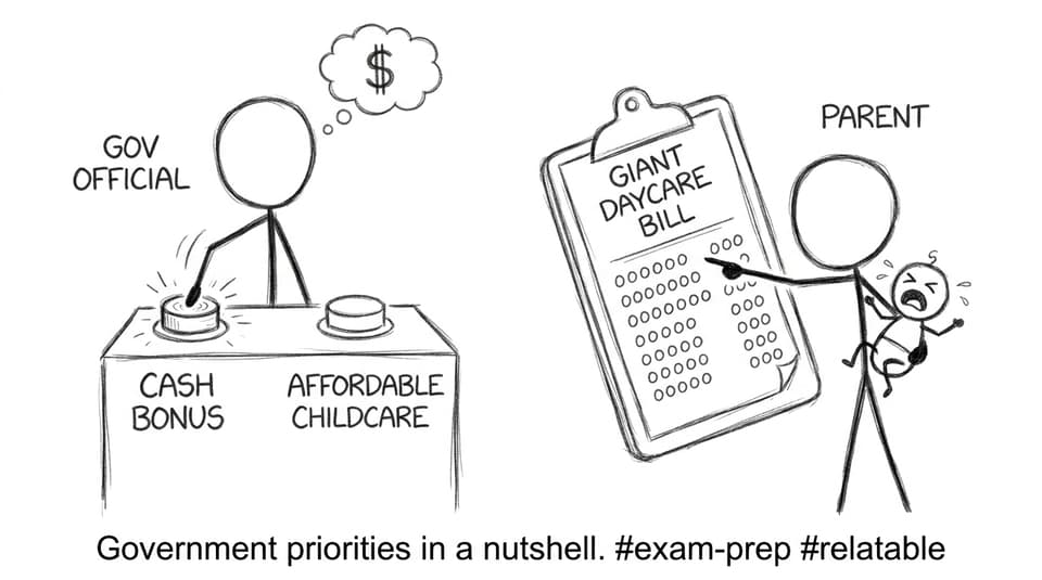 A government official repeatedly presses “cash bonus” while a parent points at a giant childcare bill