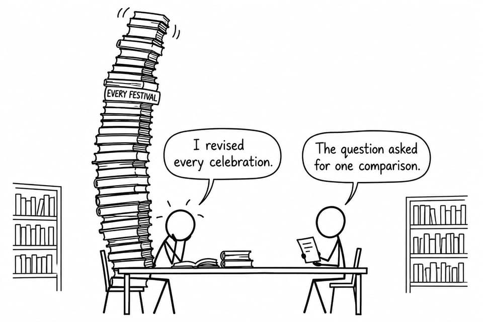 Two students compare an enormous festival revision stack with a single exam question