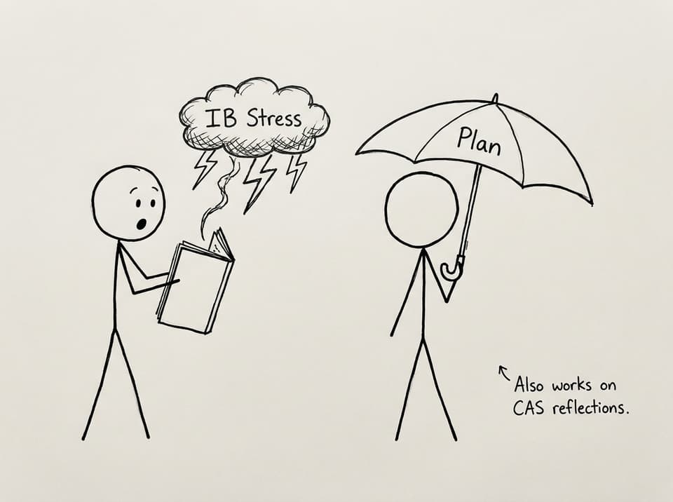 A notebook releases a tiny “IB Stress” storm cloud, someone uses an umbrella labeled “Plan”