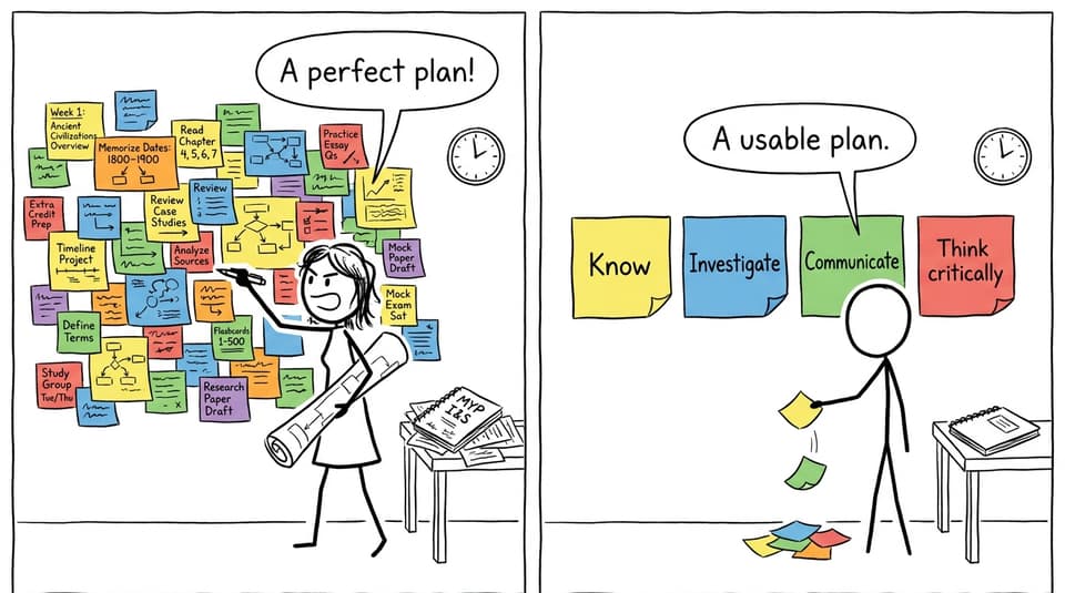 A parent proposes a perfect study plan while a student chooses a usable four-part plan